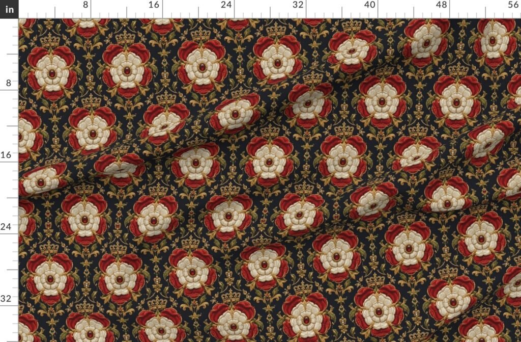 Large Royal Tudor Rose Crown Damask on Midnight Black Fabric design