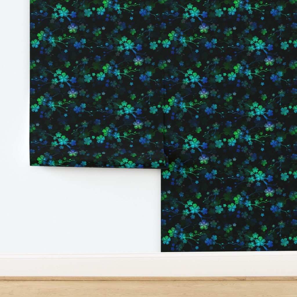 Bright Neon Green and Blue Cherry Blossom Flowers and Vines Wallpaper design