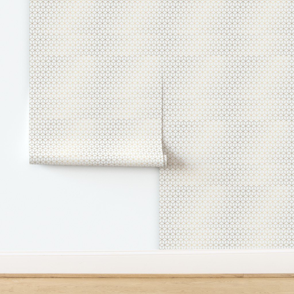 Small White and Faux Metallic Gold Art Deco 3D Geometric Cubes Wallpaper design