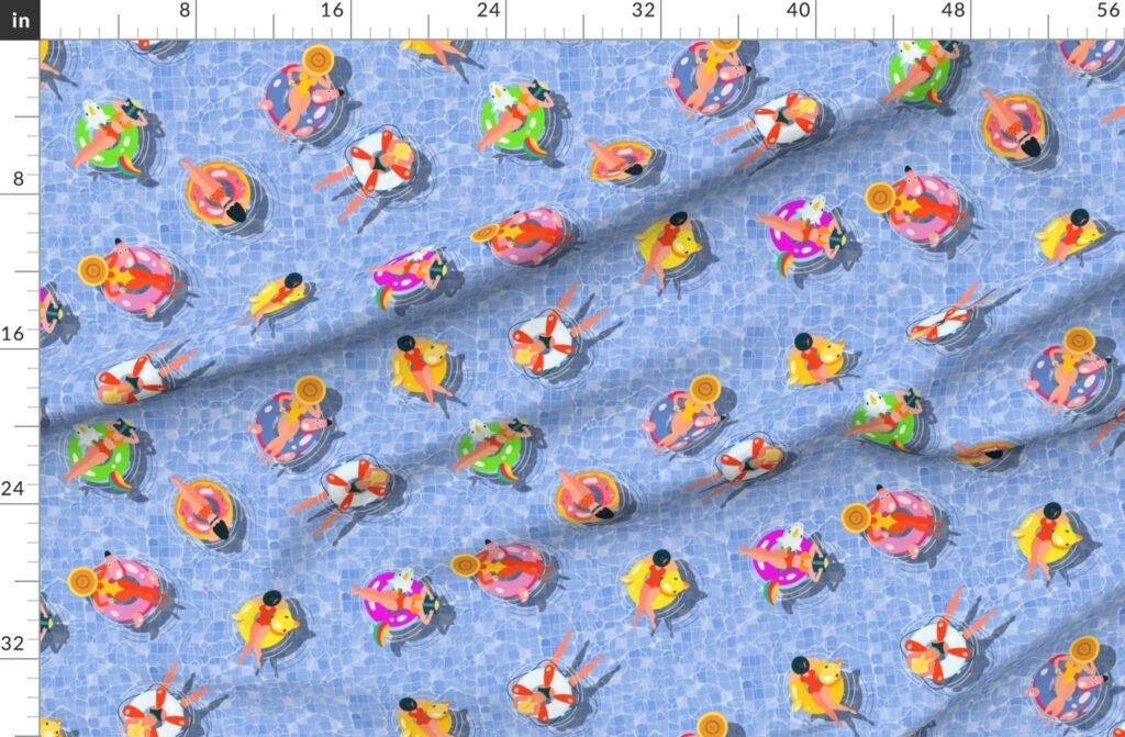 Blue Summer Pool Party with Ring Floats and Swimmers Fabric design