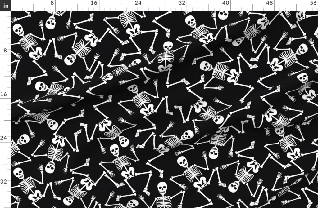 Large White Dancing Halloween Skeletons Scattered On Black Fabric design