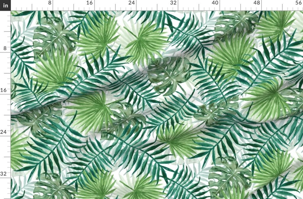 Large Green Fern Palm and Monstera Tropical Plants Fabric design