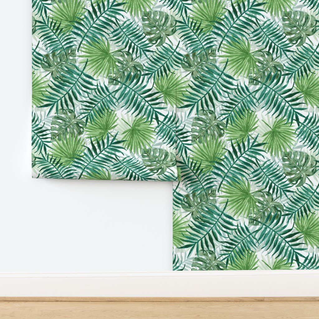 Large Green Fern Palm and Monstera Tropical Plants Wallpaper design