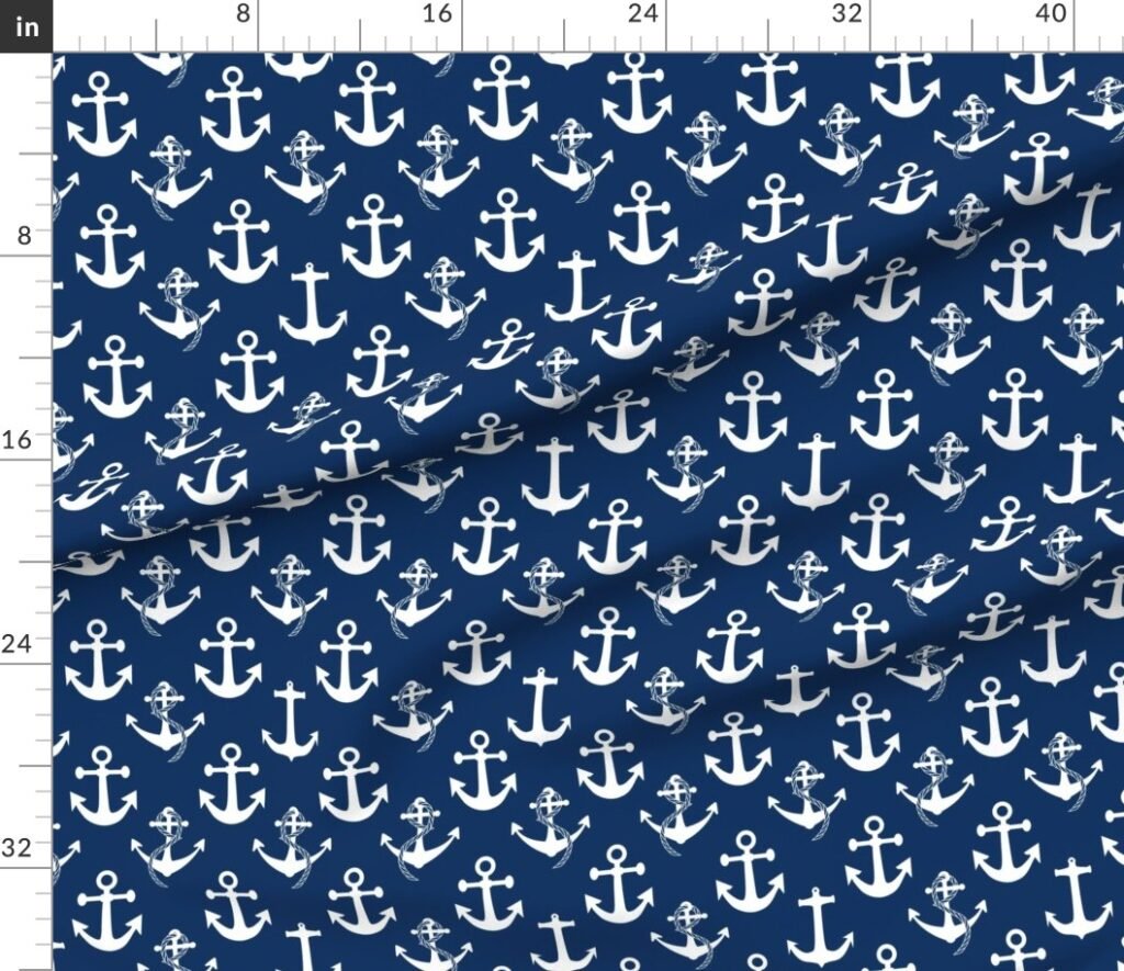 Large Nautical White Sailing Boat Anchors on Blue Fabric design