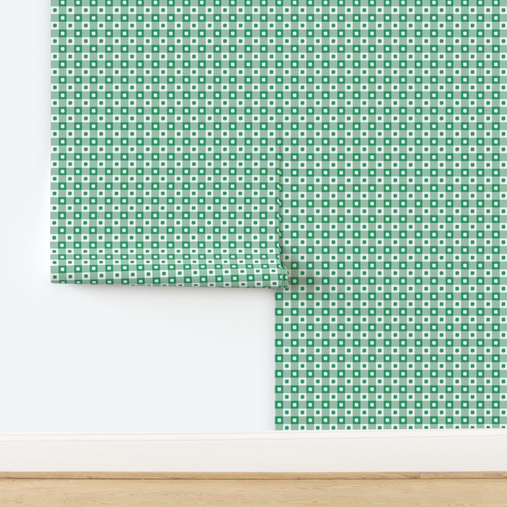 Kelly and White Gingham Check with Center Shamrock Medallions in Wallpaper design