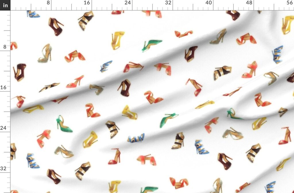 Vintage Multicolor Watercolor High Heel Shoes Tossed Pattern Fabric design