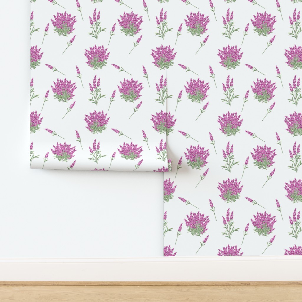 Pink Floral Sprig on White Wallpaper design