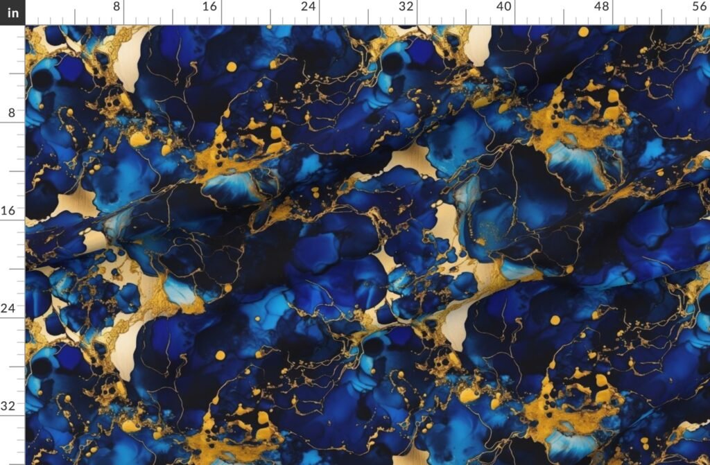 Cobalt Blue and Gold Alcohol Ink 2 Fabric design