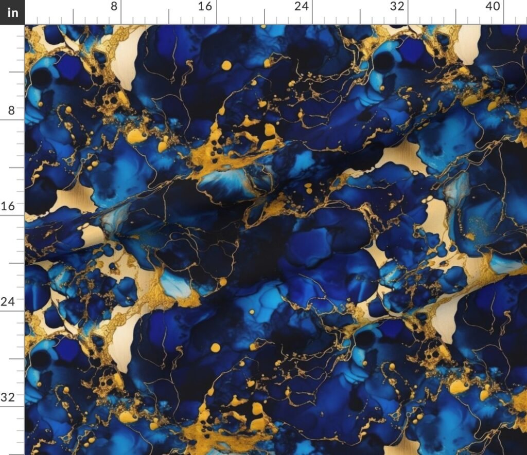 Cobalt Blue and Gold Alcohol Ink 2 Fabric design