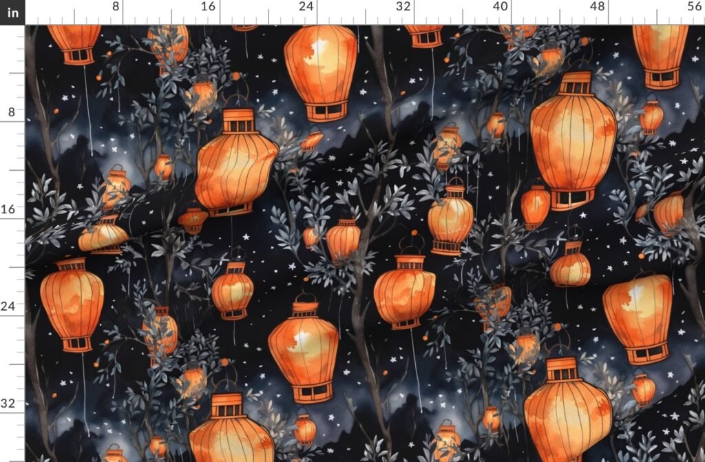 Orange Glowing Chinese Paper Lanterns Watercolor Fabric design