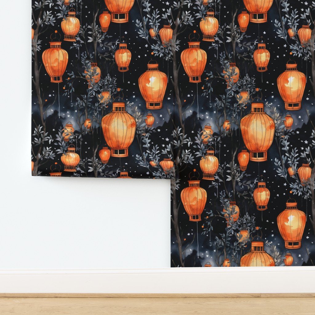 Orange Glowing Chinese Paper Lanterns Watercolor Wallpaper design