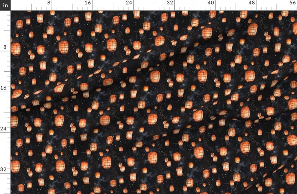 Small Orange Glowing Chinese Paper Lanterns Watercolor Fabric design