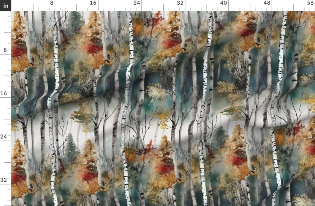 Endless Birch Tree Dreamscape Trees in Misty Forest Watercolor Fabric design