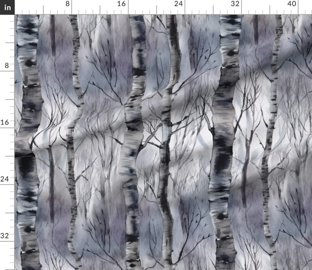 Endless Silver Birch Tree Dreamscape Trees in Misty Forest Fabric design