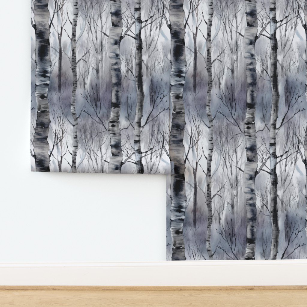 Endless Silver Birch Tree Dreamscape Trees in Misty Forest Wallpaper design