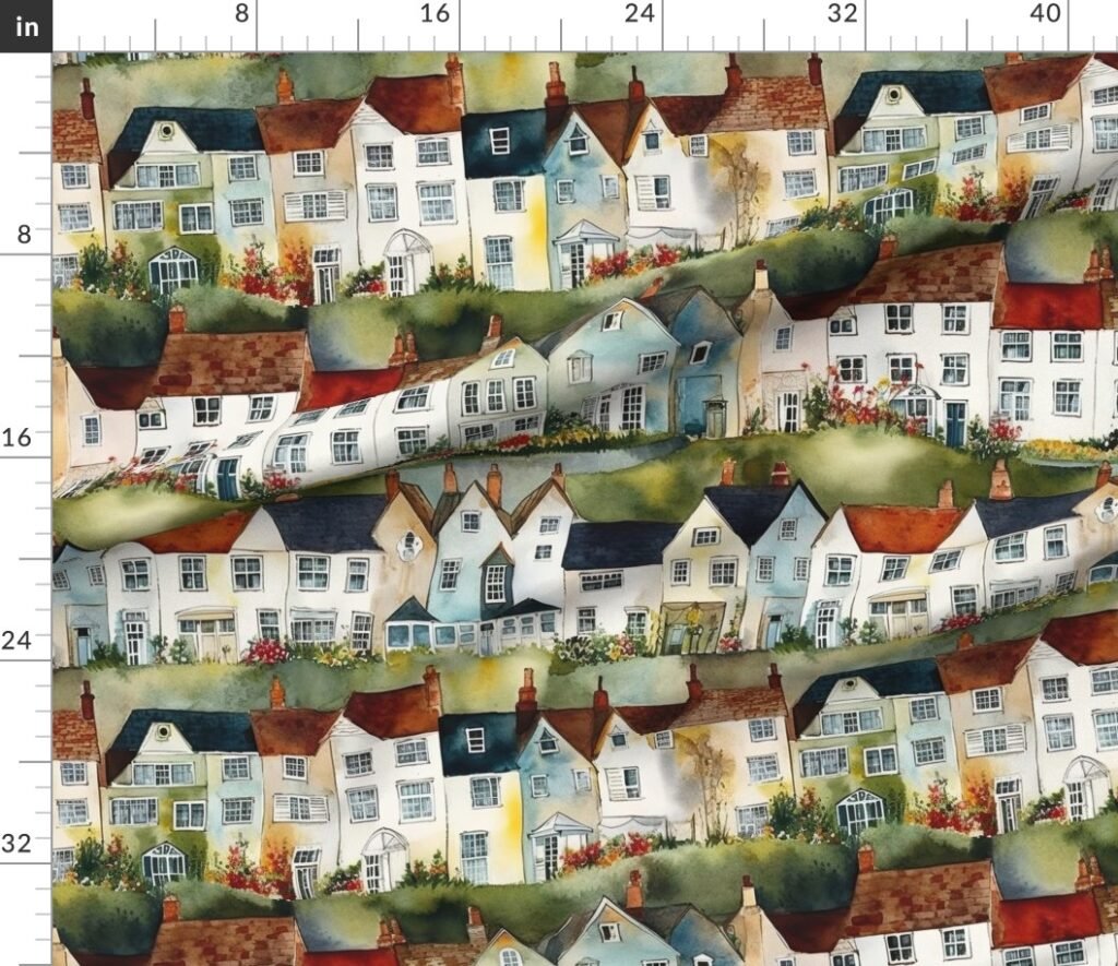 English Village Houses in Watercolor Fabric design