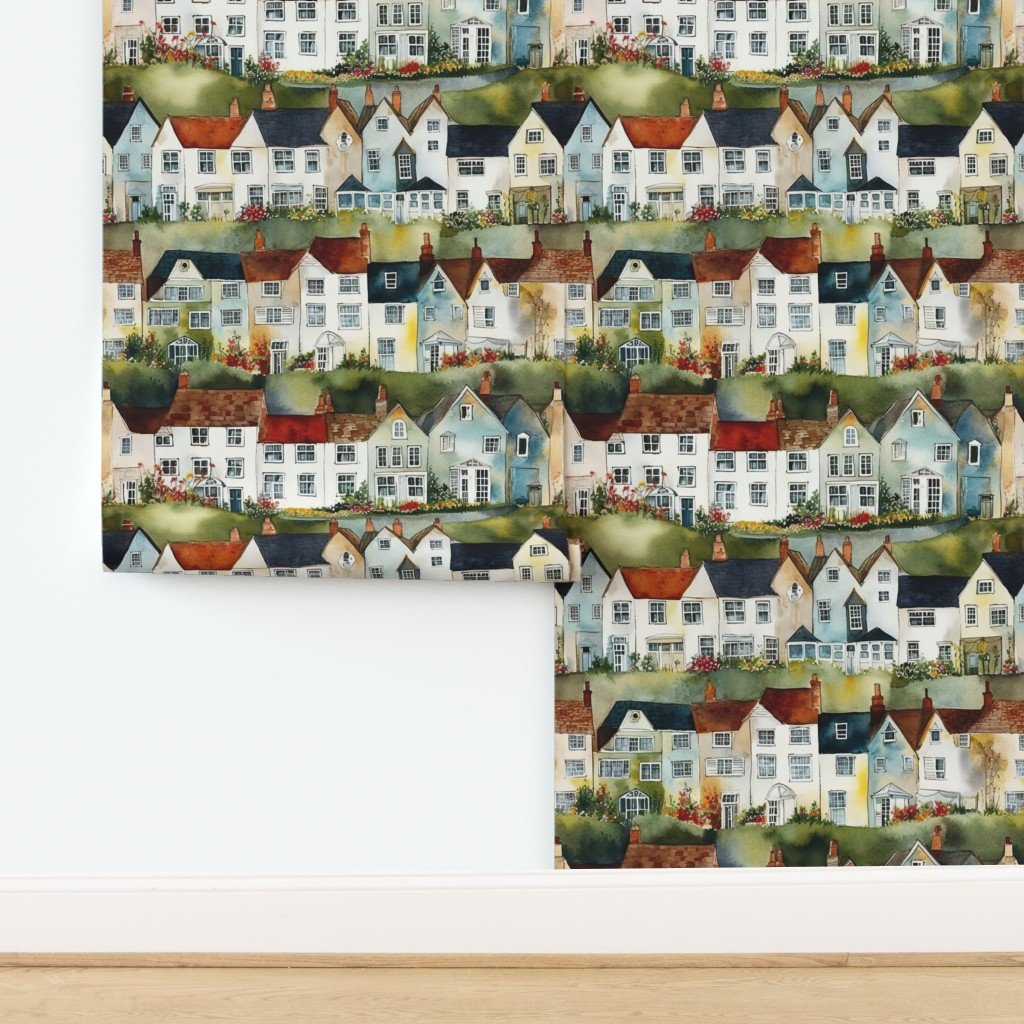 English Village Houses in Watercolor Wallpaper design