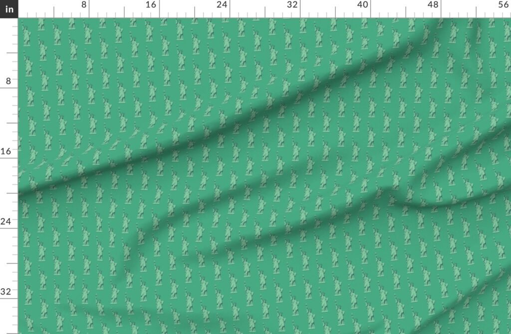 Mini Lady Liberty Statues Repeat in Beguiling Green Fabric design