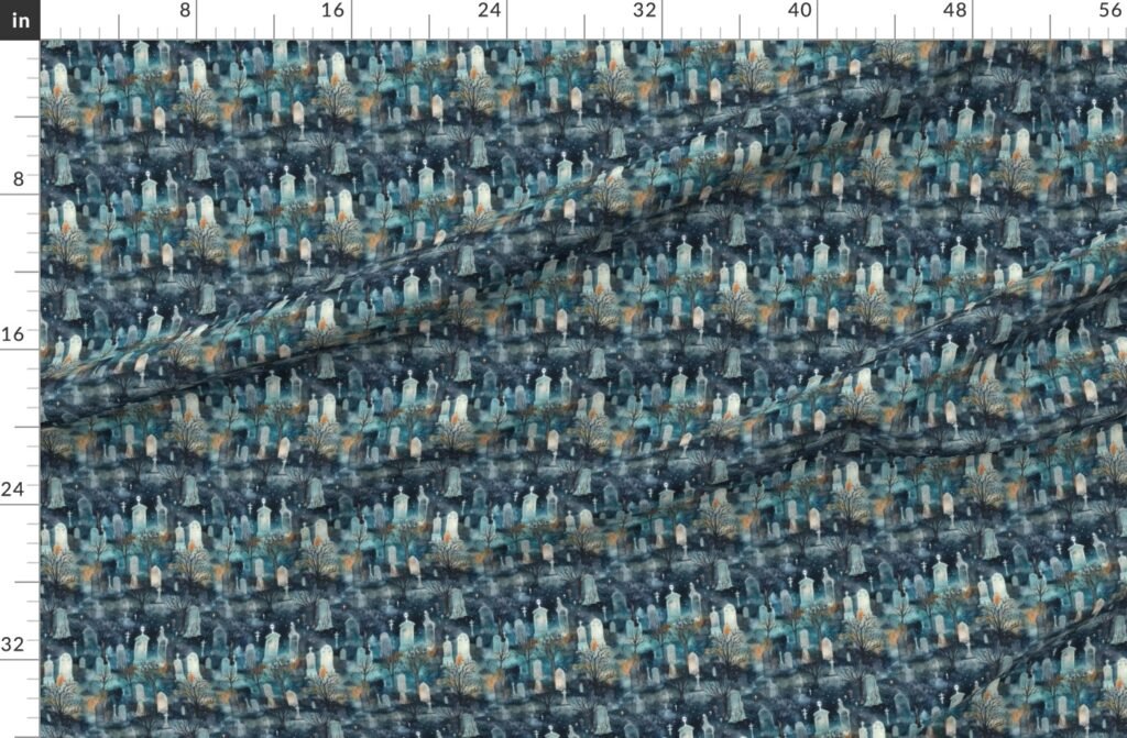 Mini Haunted Graveyard and Night Mist Blue Moonlight with Ghosts Fabric design