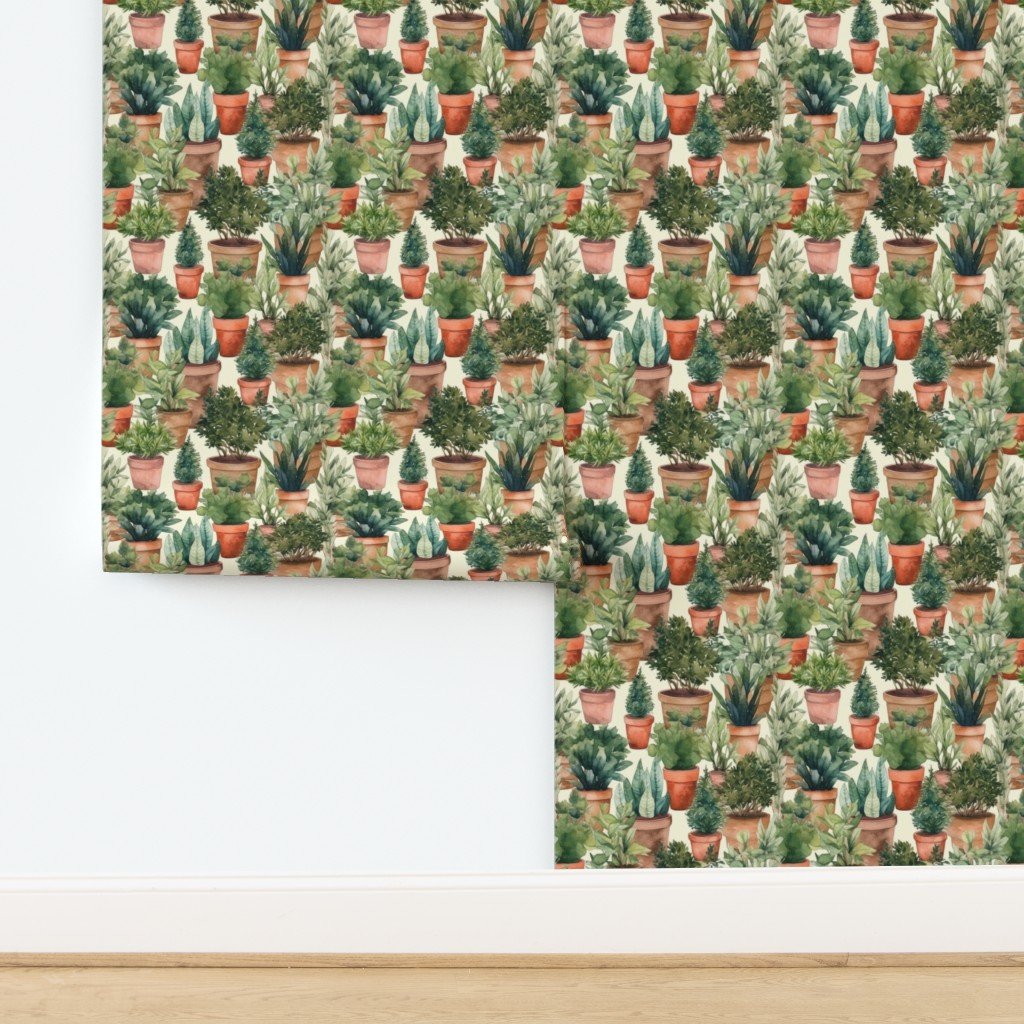 Potted Fir and Evergreen Tree Plants Watercolor Wallpaper design