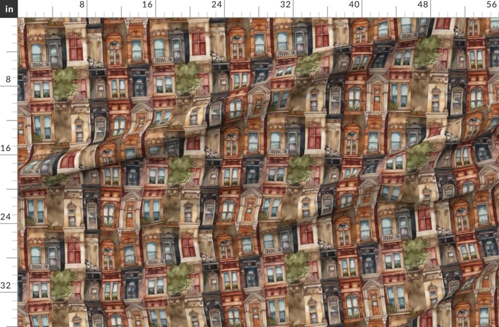 Brownstone Buildings in Varied Tones of Brown Watercolor Fabric design