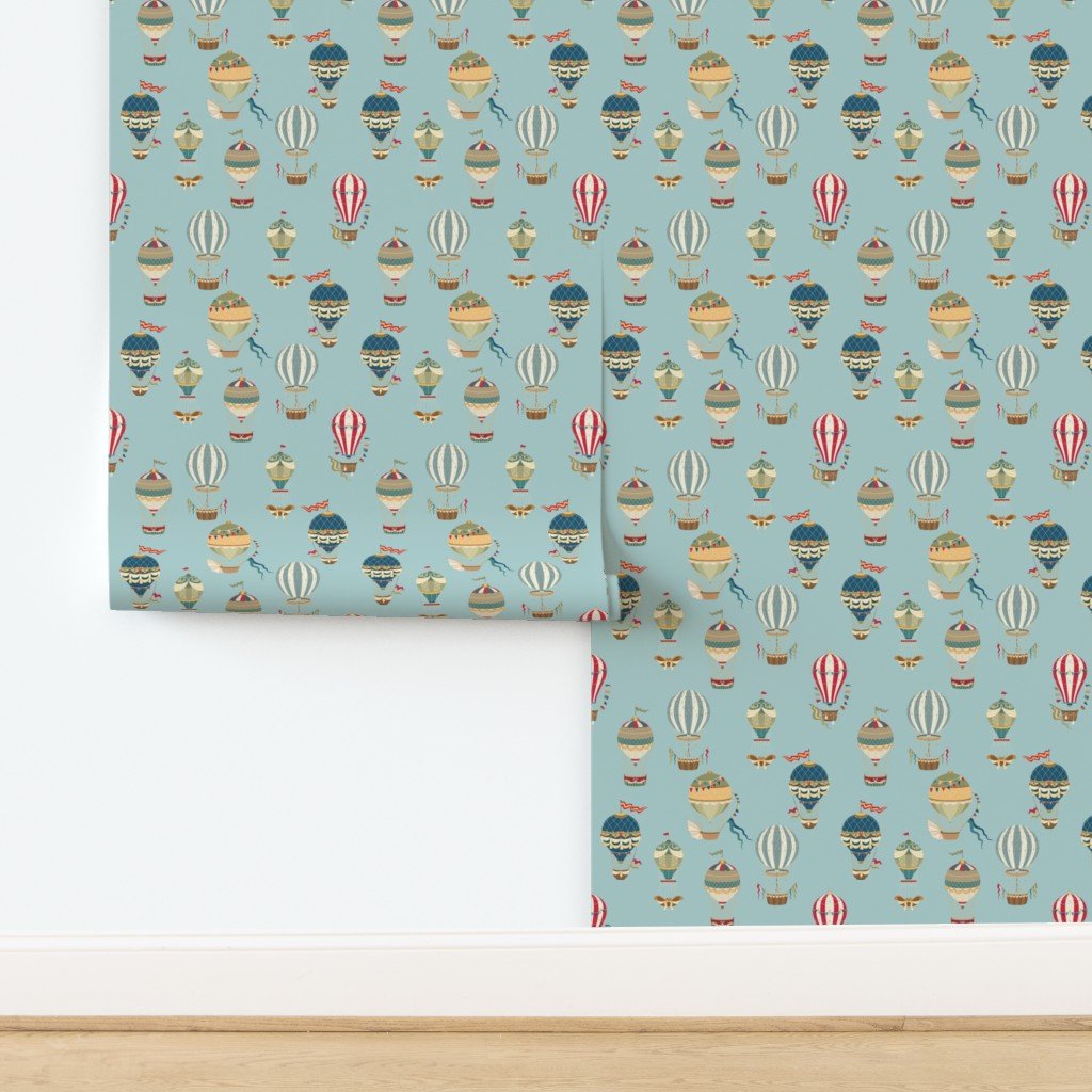 Small Vintage Hot Air Balloons in Sky Blue Wallpaper design