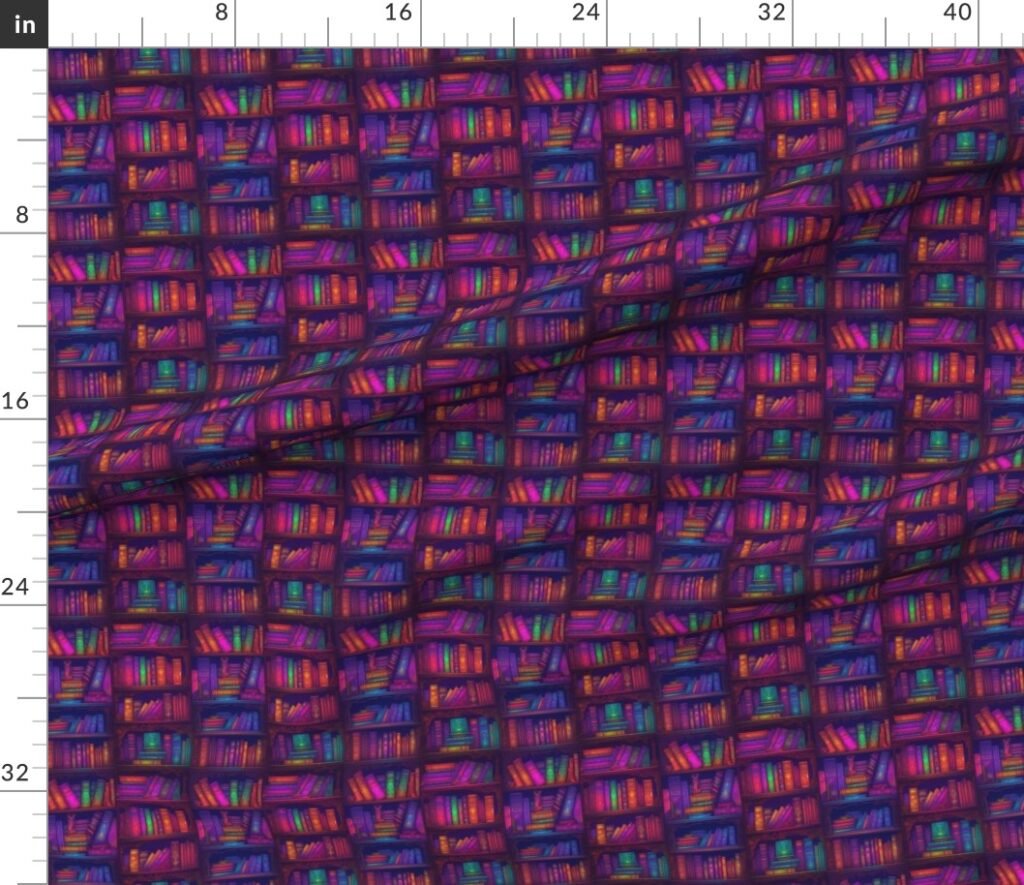 Small Wizard Spooky Neon Halloween Books on Library Spell Book Shelf Fabric design