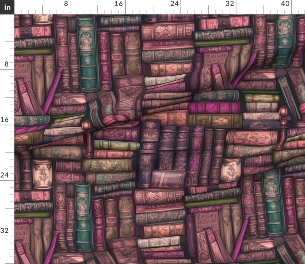 Pink Stacked Bound Vintage Books on Library Book Shelf Fabric design