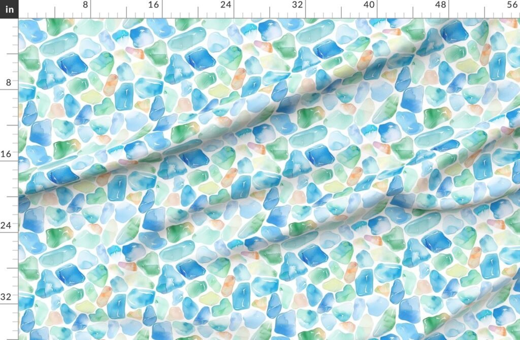 Blue and Green Shards of Tumbled and Scattered Watercolor Seaglass Fabric design