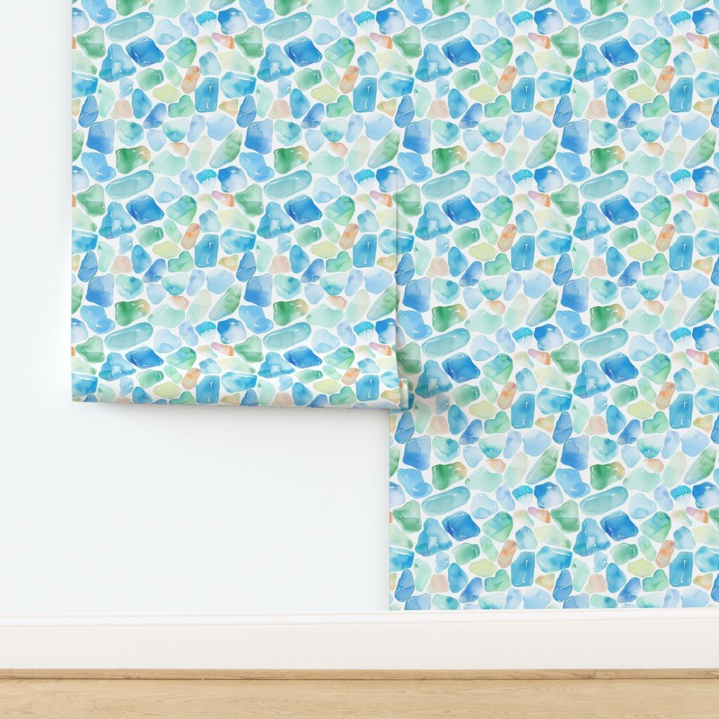 Blue and Green Shards of Tumbled and Scattered Watercolor Seaglass Wallpaper design