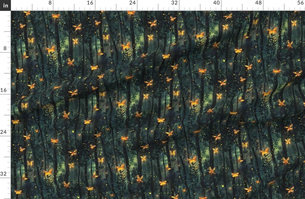 Enchanted Glow Fireflies in a Midnight Forest Fabric design