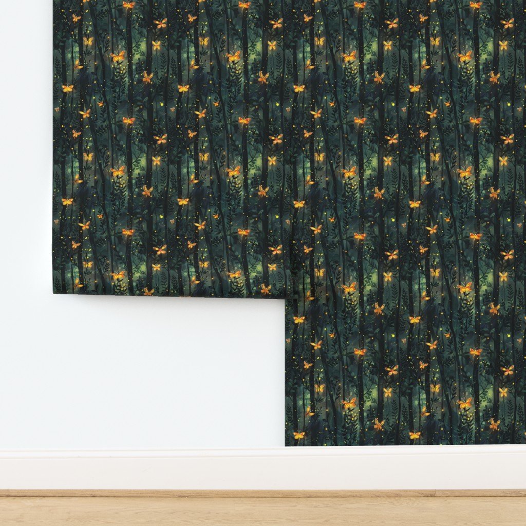 Enchanted Glow Fireflies in a Midnight Forest Wallpaper design