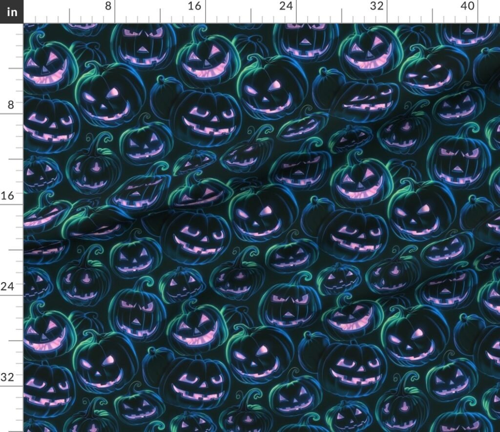 Neon Blue and Pink Halloween Pumpkins Glowing in the Dark Fabric design