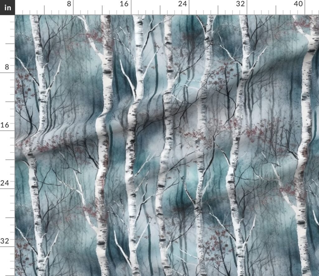 Endless Silver Birch Tree Dreamscape in Misty Teal and Soft Red Fabric design