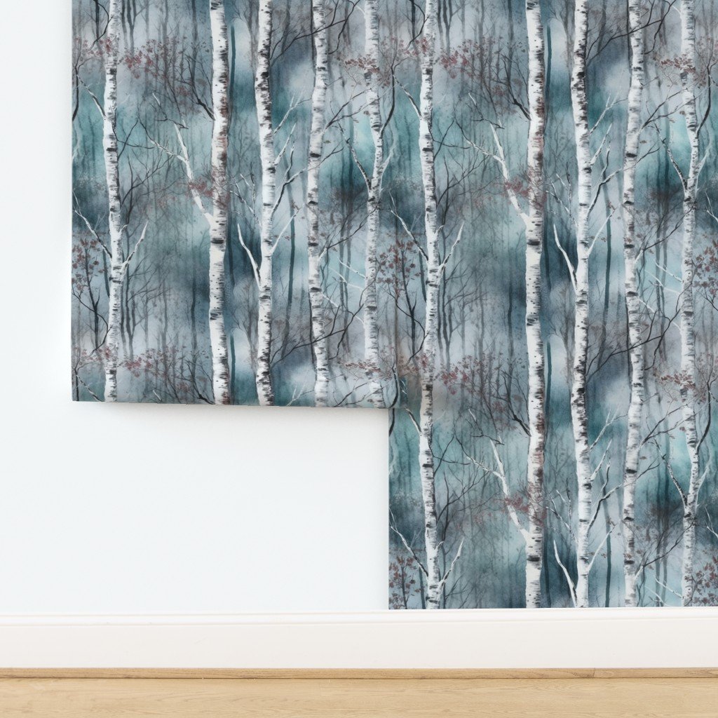 Endless Silver Birch Tree Dreamscape in Misty Teal and Soft Red Wallpaper design