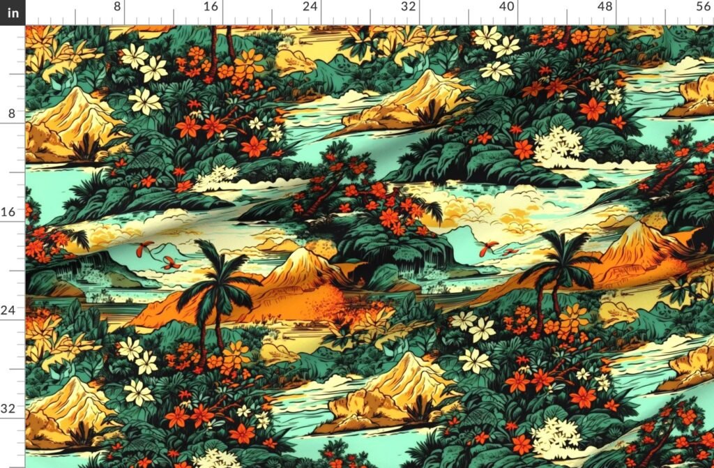 Vintage Hawaiian Tropical Floral Landscape in Bright Volcano Sunset Fabric design