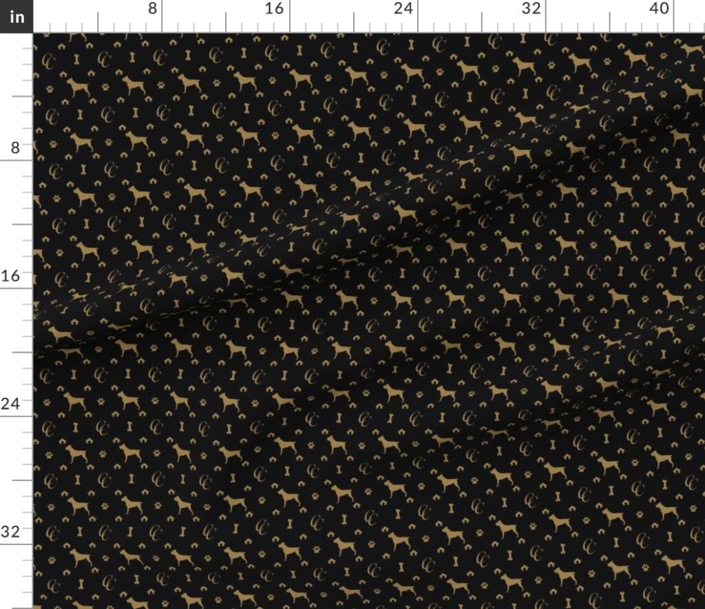 Cane Corso on Black with Louis Luxury Motifs in Tan Fabric design