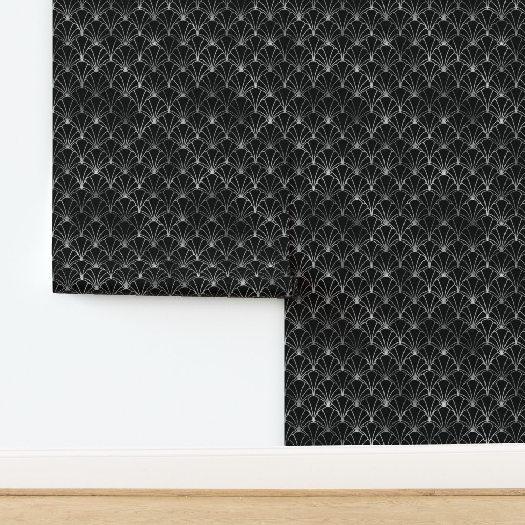 Scallop Shells in Black and Faux Silver Foil Art Deco Vintage Foil Wallpaper design