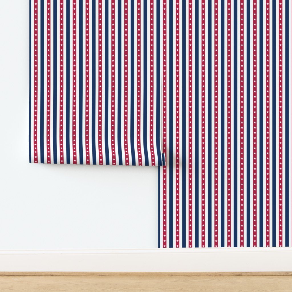 USA Flag Colors of Red White and Blue with Stars in Alternating 1 Inch Wallpaper design
