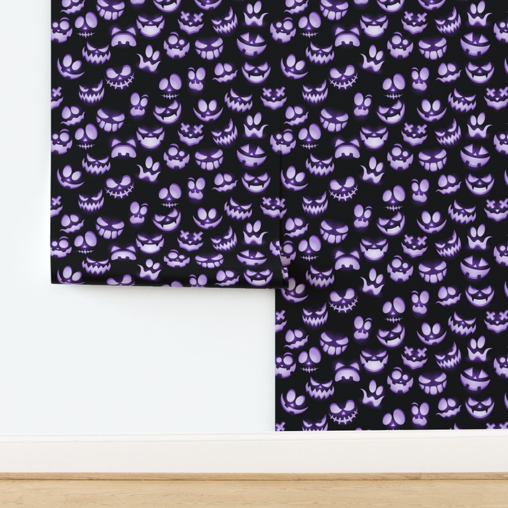Micro Grinning Halloween Purple Faces on Black Wallpaper design