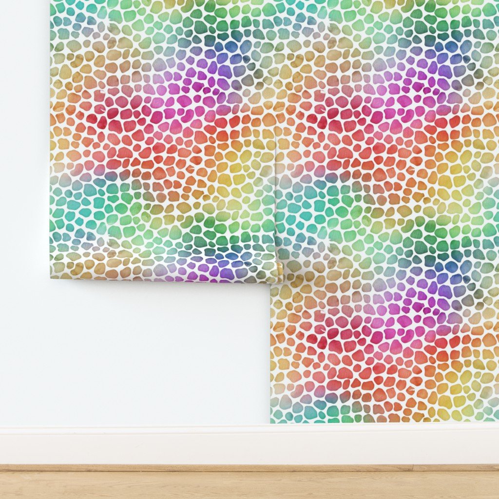 Rainbow Bright Pastel Mosaic Watercolor Spots in Mirror Repeat Wallpaper design