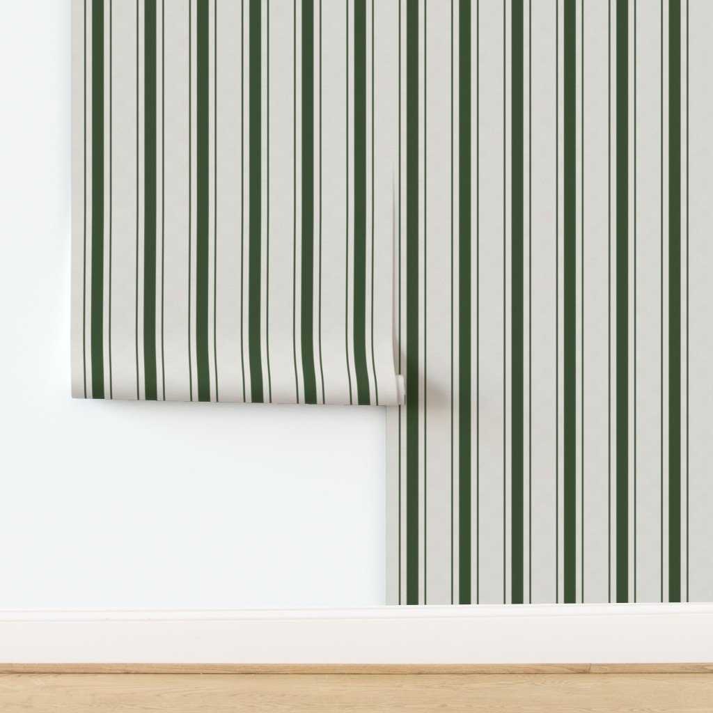 Forest Green Antique Vintage Mattress Ticking Stripe on Cream Wallpaper design