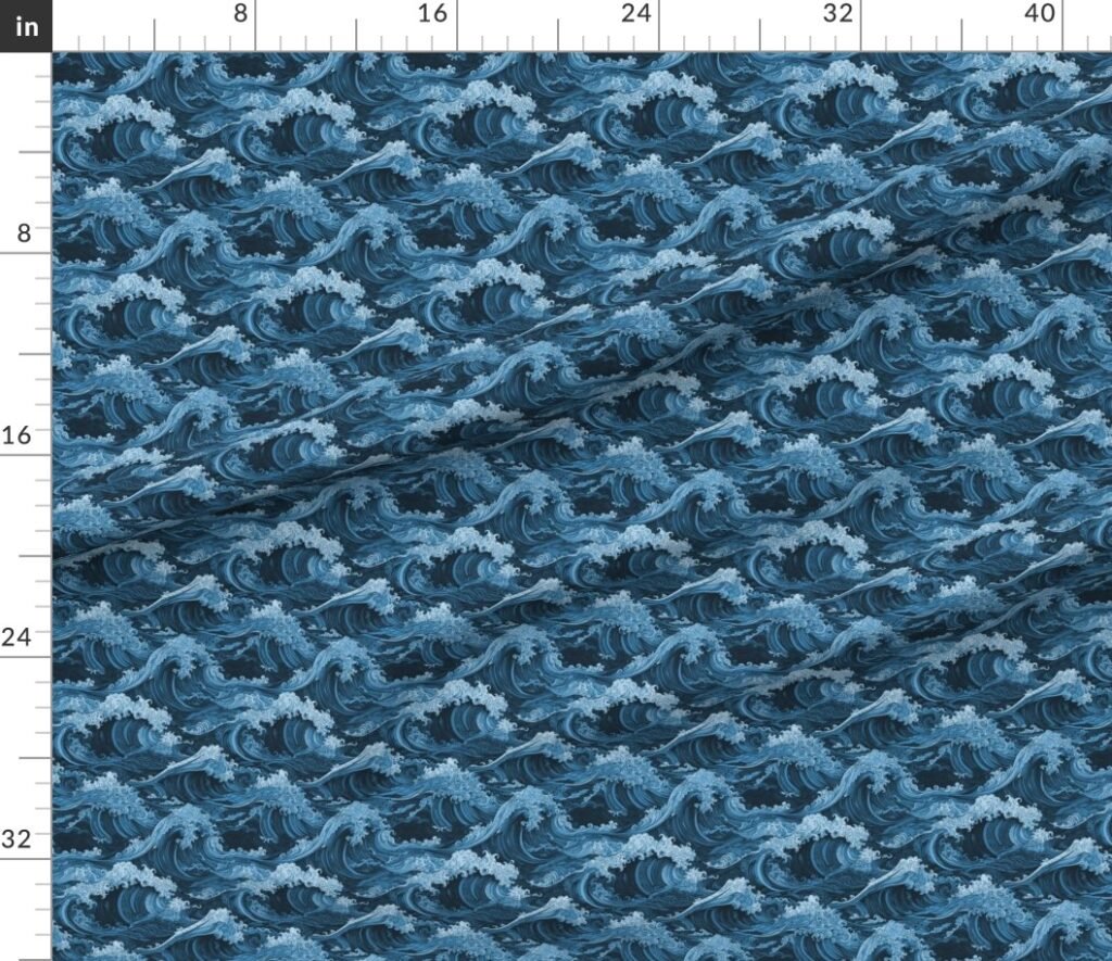 Japanese Woodcut Big Tsunami Waves in Shades of Mid-Blue Fabric design