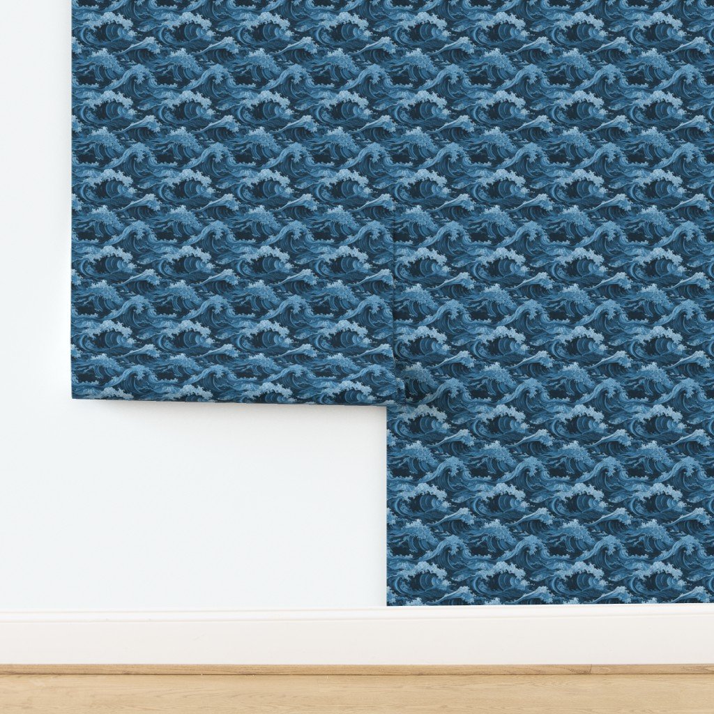 Japanese Woodcut Big Tsunami Waves in Shades of Mid-Blue Wallpaper design
