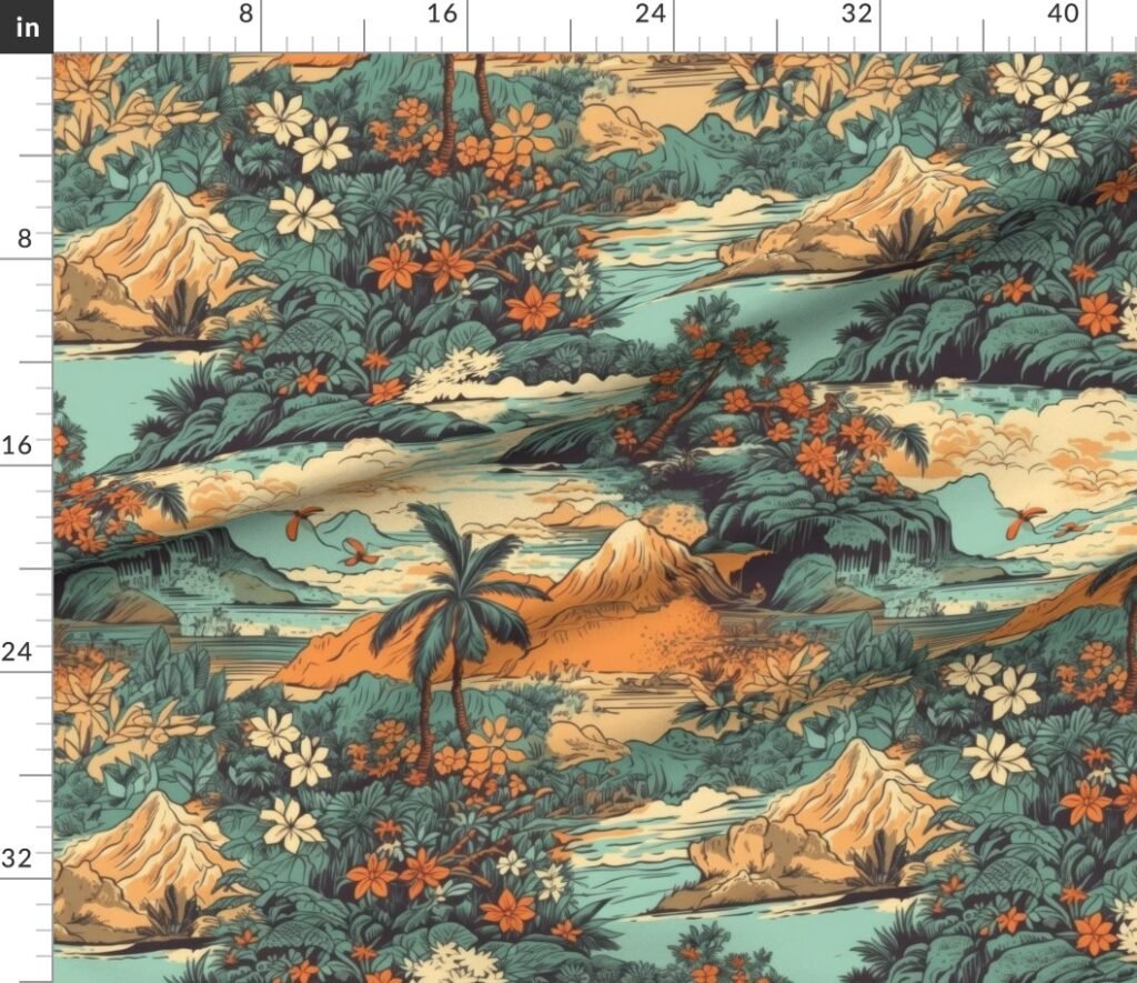 Vintage Hawaiian Landscape Teal Fabric design