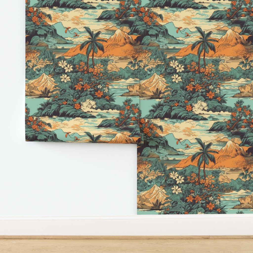 Vintage Hawaiian Landscape Teal Wallpaper design