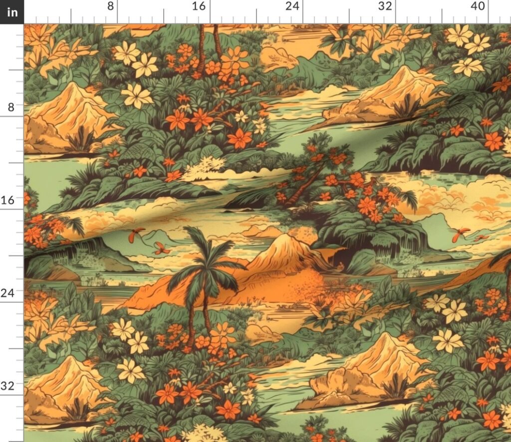 Vintage Hawaiian Landscape Green Fabric design