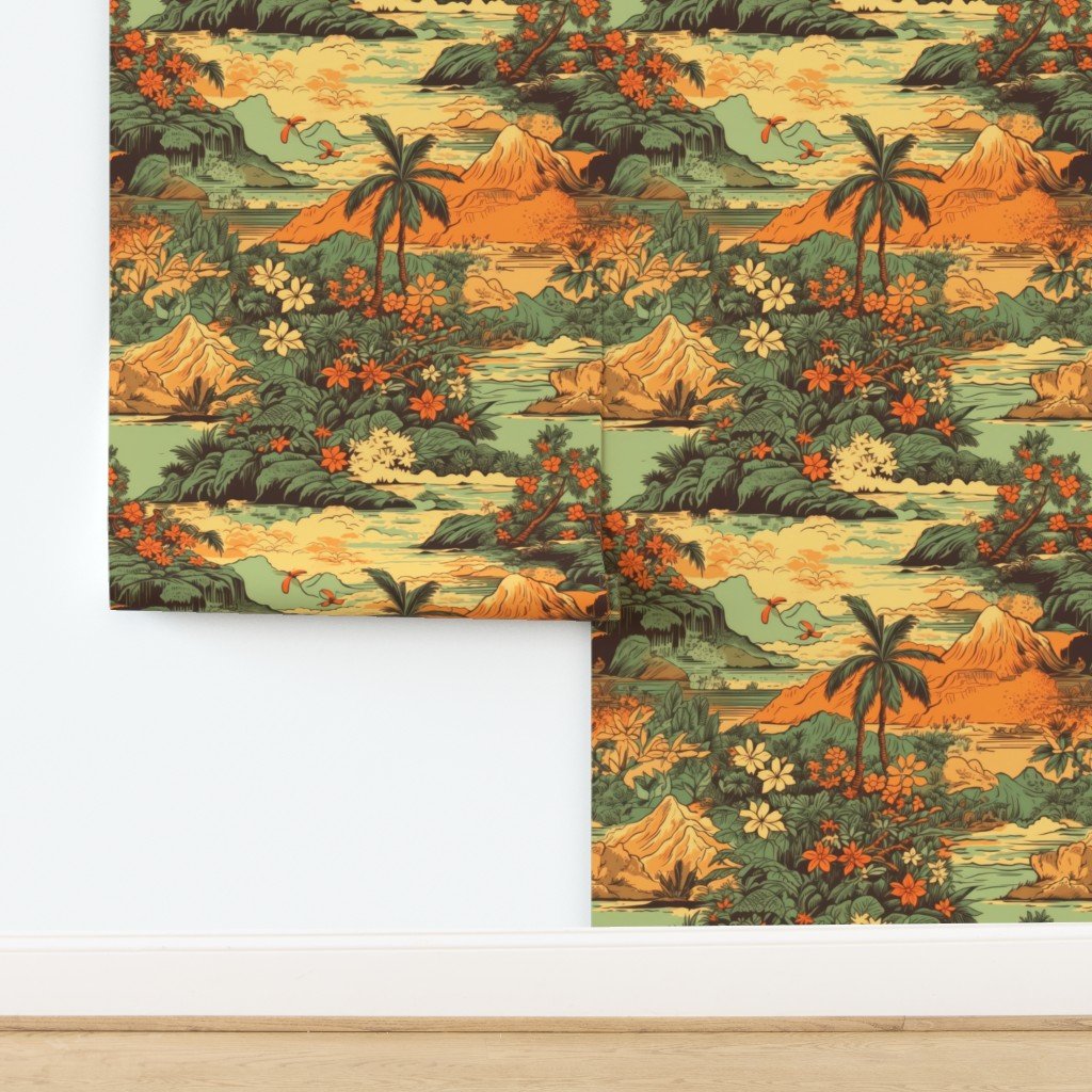 Vintage Hawaiian Landscape Green Wallpaper design