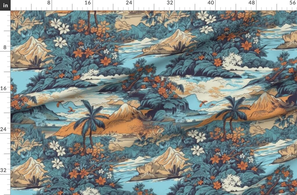 Vintage Hawaiian Landscape Blue Fabric design