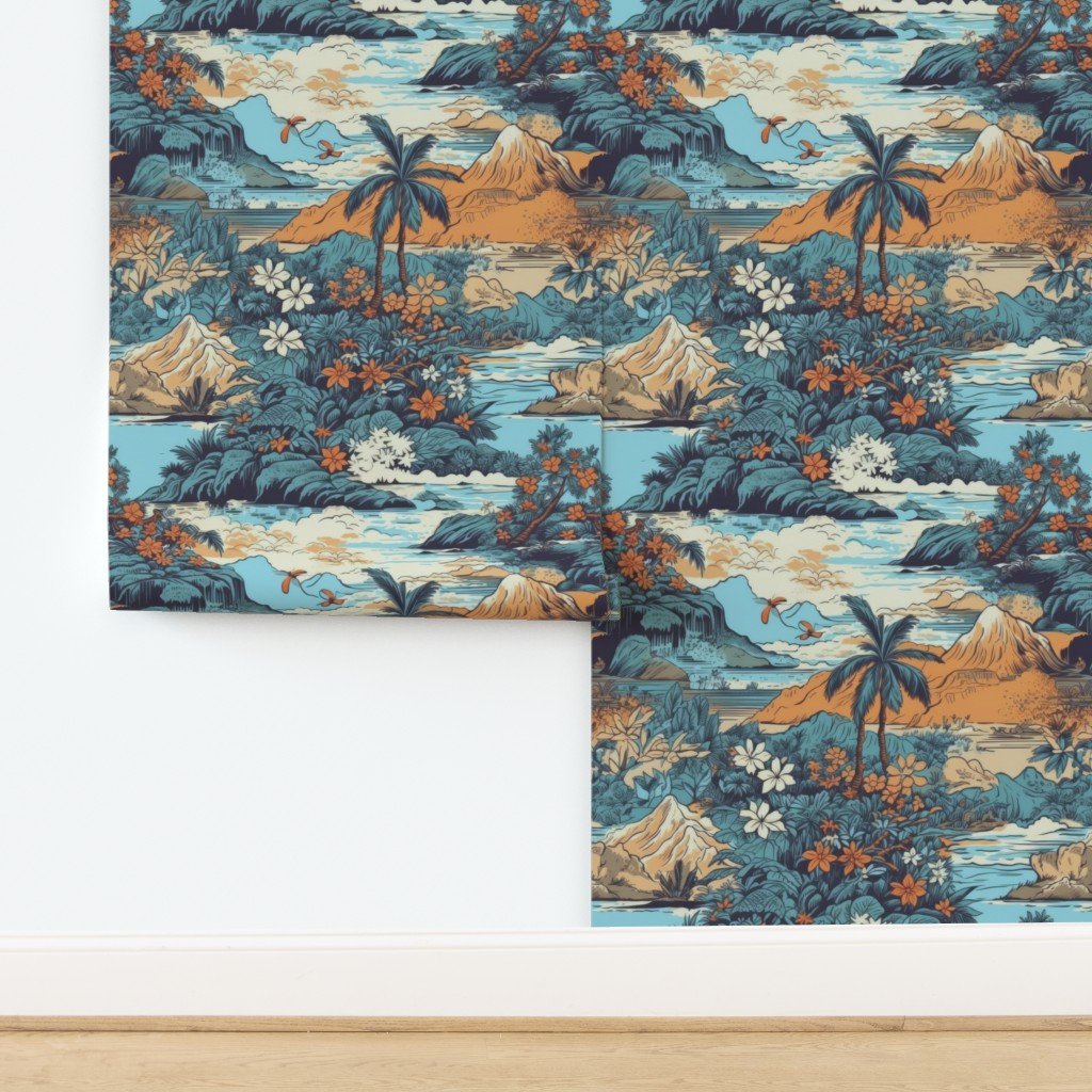 Vintage Hawaiian Landscape Blue Wallpaper design